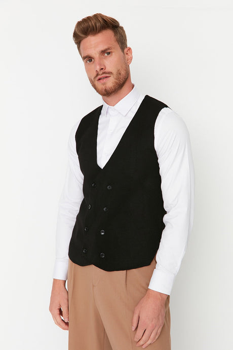 Navy Blue Men's Slim Fit Double-breasted Buttoned Vest Tmnaw21ye0014