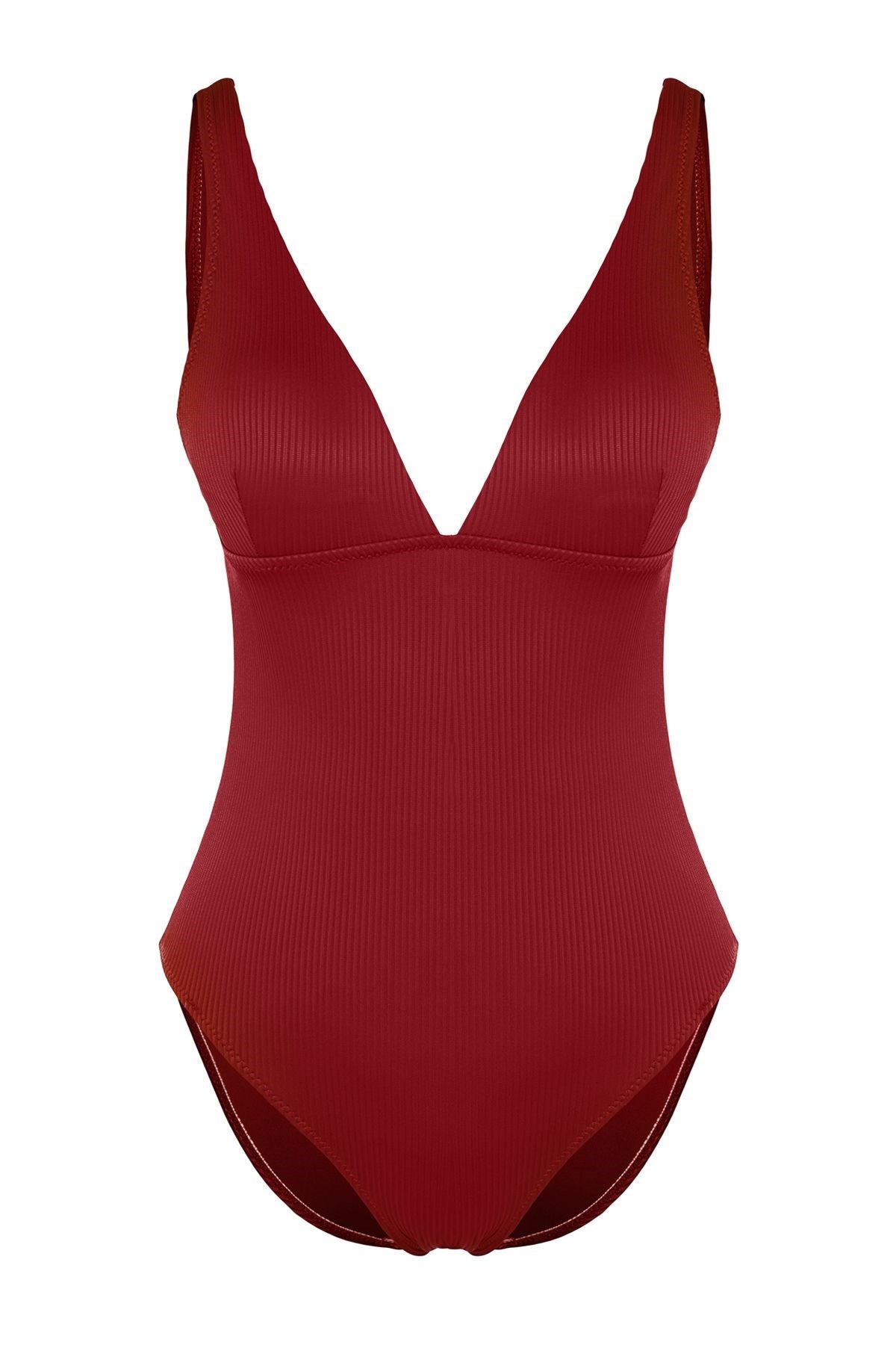 Burgundy V Neck Textured Regular Swimsuit Tbess24ma00056