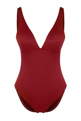 Burgundy V Neck Textured Regular Swimsuit Tbess24ma00056