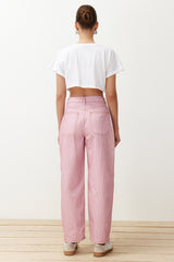 Pink Striped High Waist Barrel Jeans Twoss24je00287