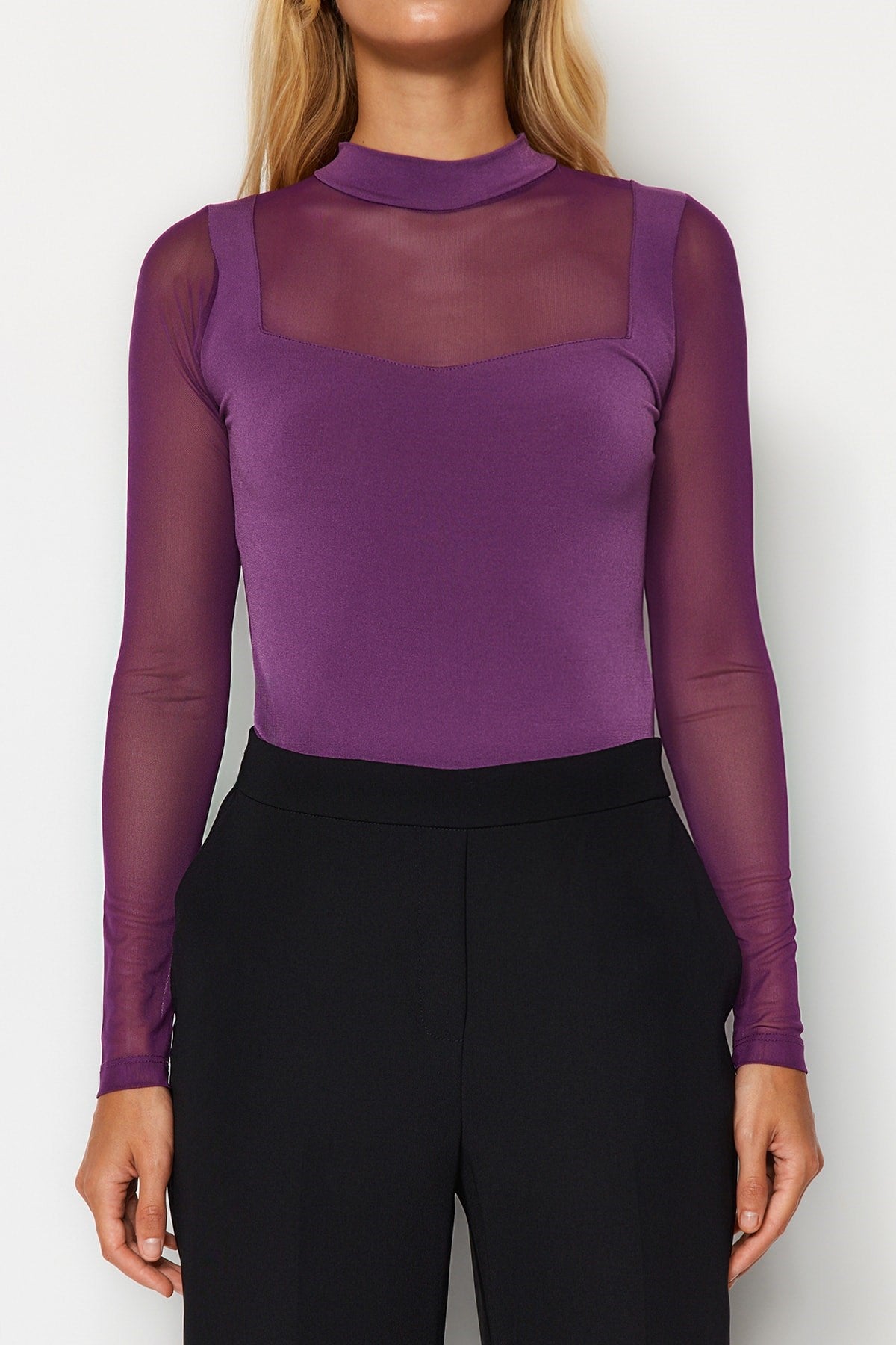 Purple Fitted/body-fitting Tulle Detailed Long Sleeve Stand-up Collar Flexible Snaps Knitted Bodysui