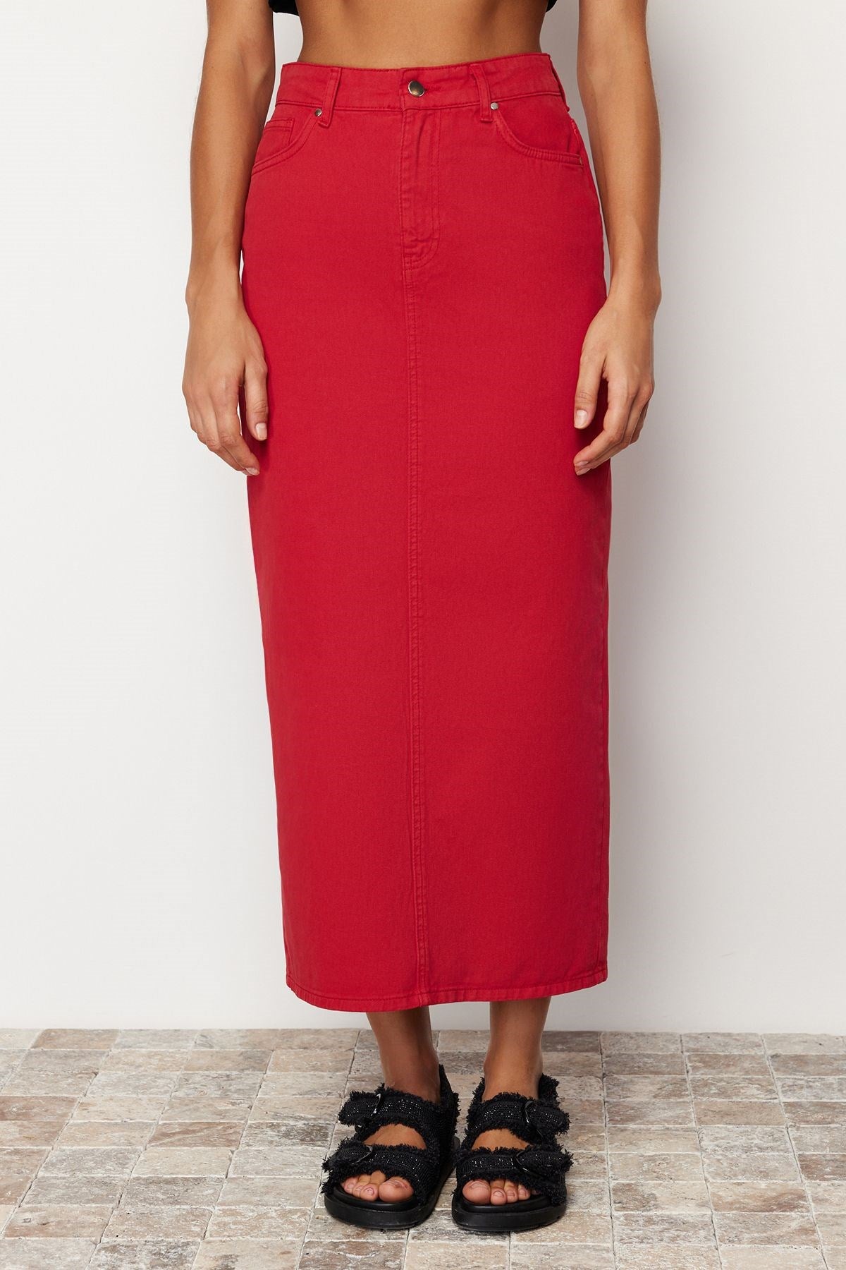 Red Slit Maxi Denim Skirt Twoss24et00085