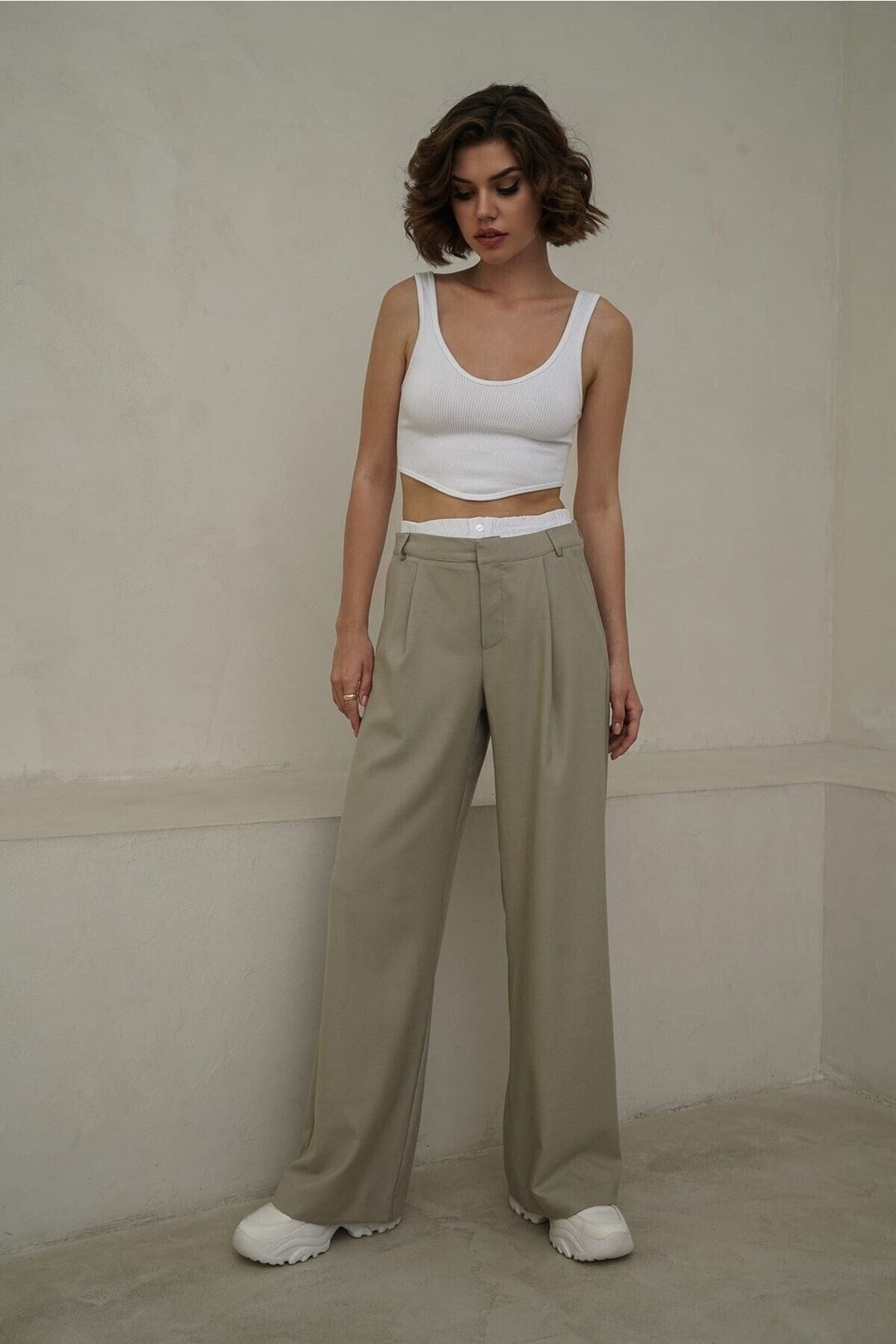 Poppy Boxer Detail Olive Green Palazzo Pants 2106