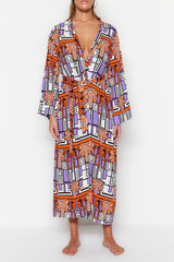 Underwater Pattern Belted Maxi Woven Kimono&kaftan Tbess23km00037