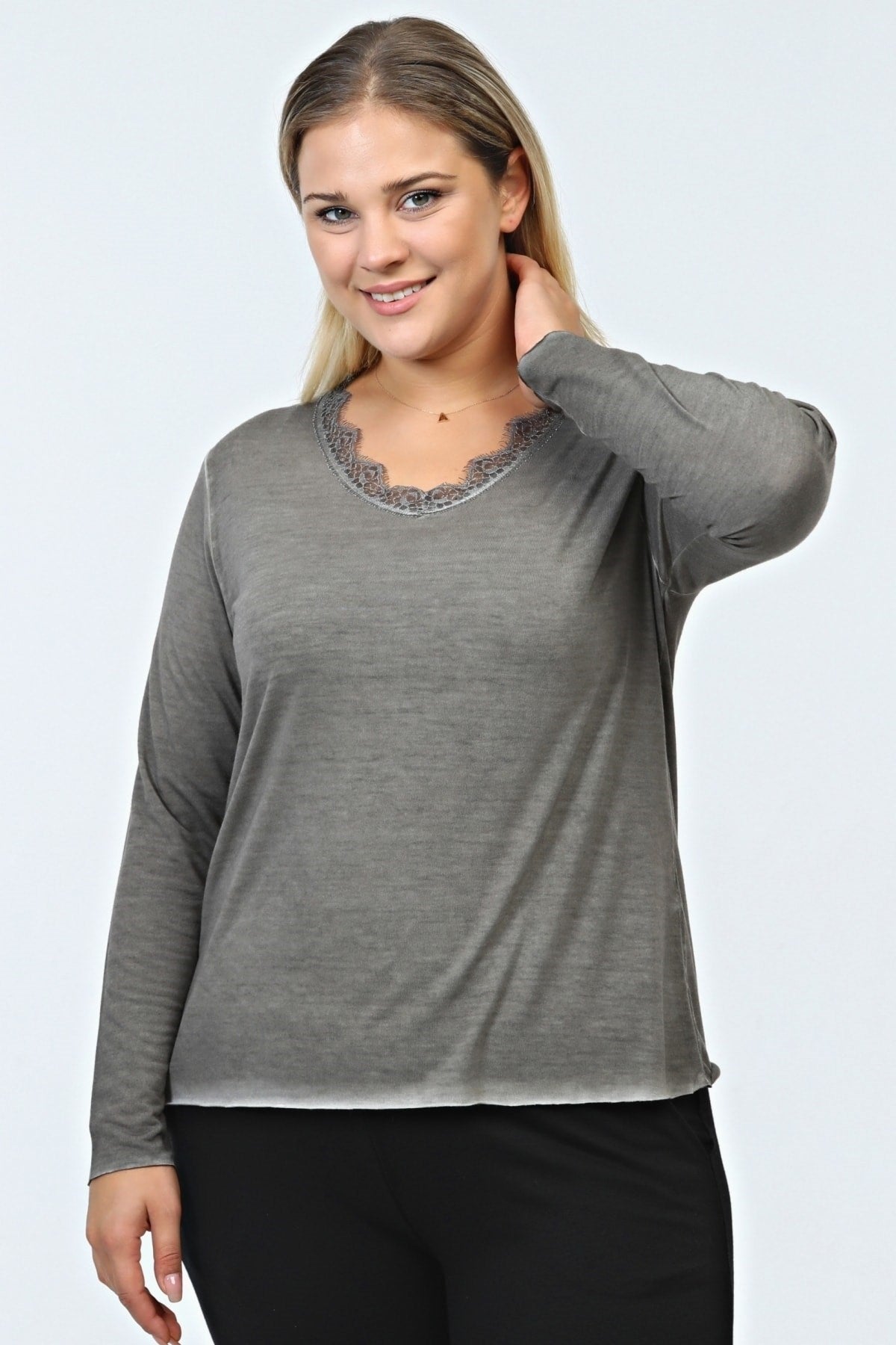 Women's Lace Collar Oil Wash T-shirt-light Anthracite Pra-236825-349428