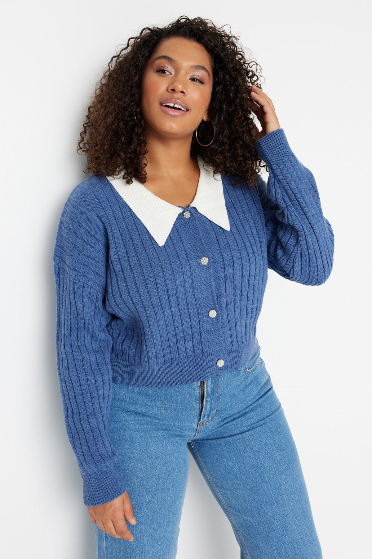 Indigo Ribbed Collar Detail Buttoned Knit Cardigan Tbbaw23av00084