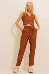 Women's Cinnamon Fish Back Patterned Waist Elastic Double Leg Pants Alc-x11065