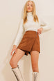 Women's Khaki Zipper Detailed Suede Shorts Skirt Alc-x10844