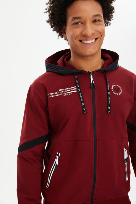 Men's Burgundy Hooded Pocket Zipper Solid Color Sport&casual Tracksuit Top Tracksuit 0696 Tb23ml01s0