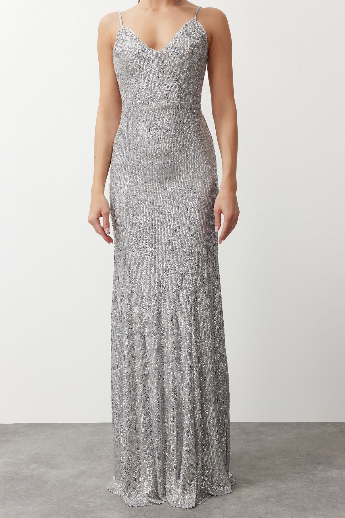 Grey Sequin Long Night Evening Dress Tprss24ae00036