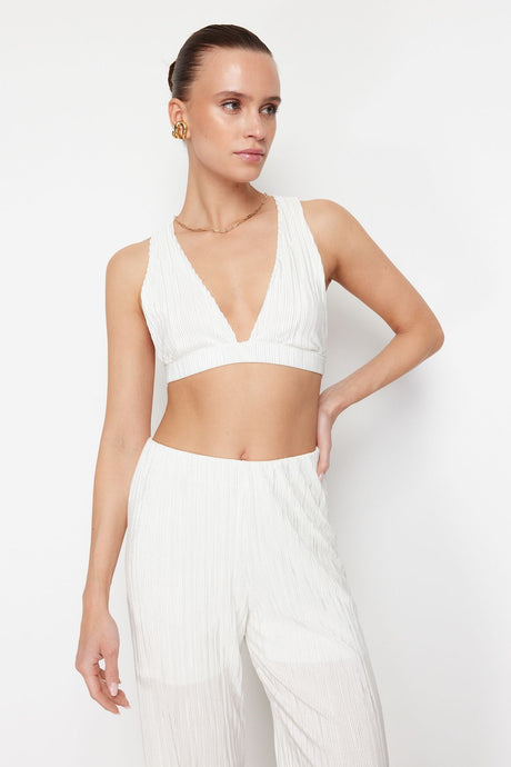 White Pleated Fitted/body-fitting Crop Flexible Knit Bustier Twoss24bs00015