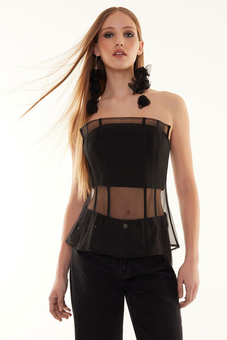 Black Woven Corset Detailed Organza Bustier Tprss24bs00021