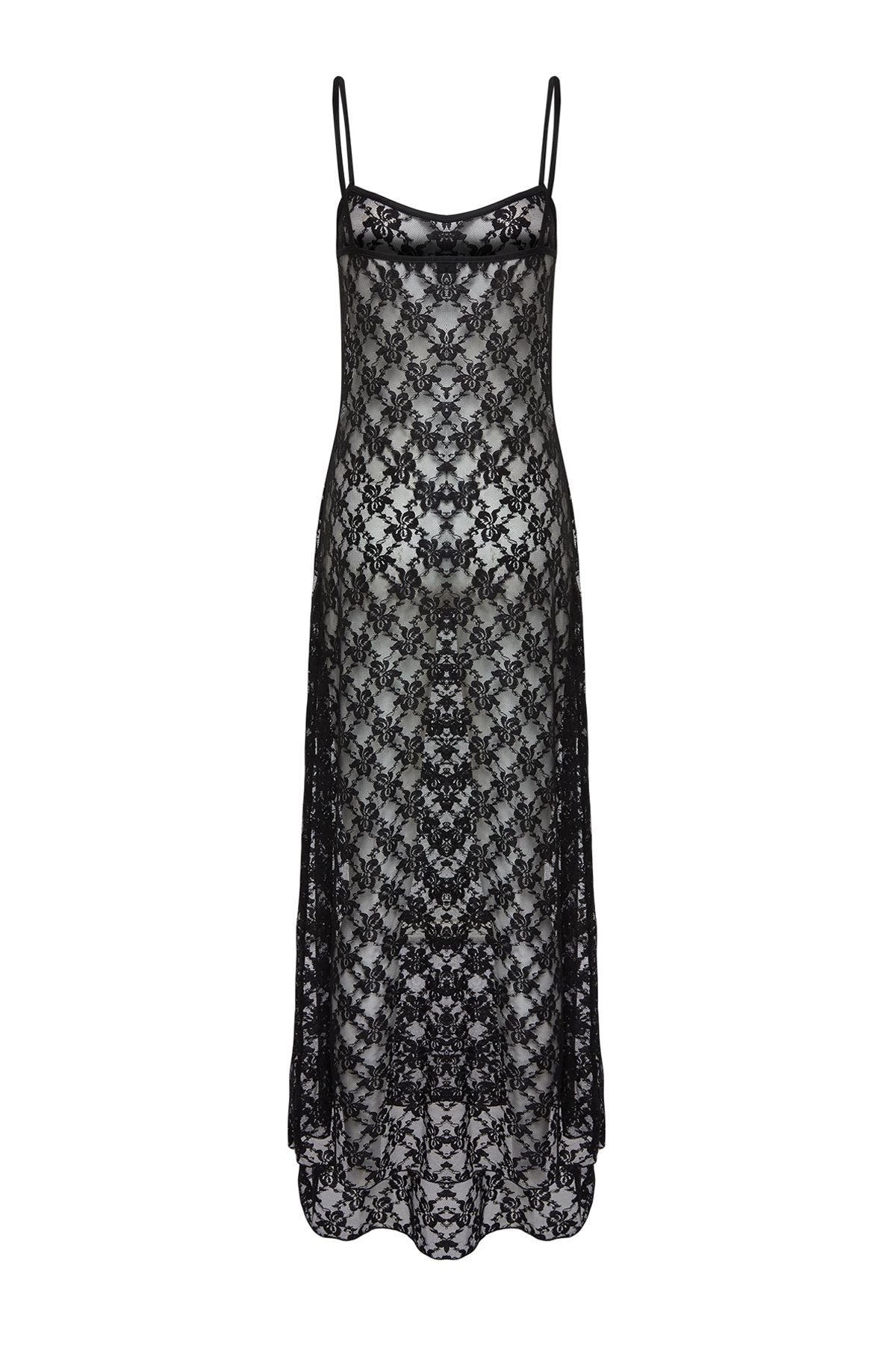 Black Lace Straps Body Sitting Flexible Knitted Maxi Pencil Dress Twoss24el00574