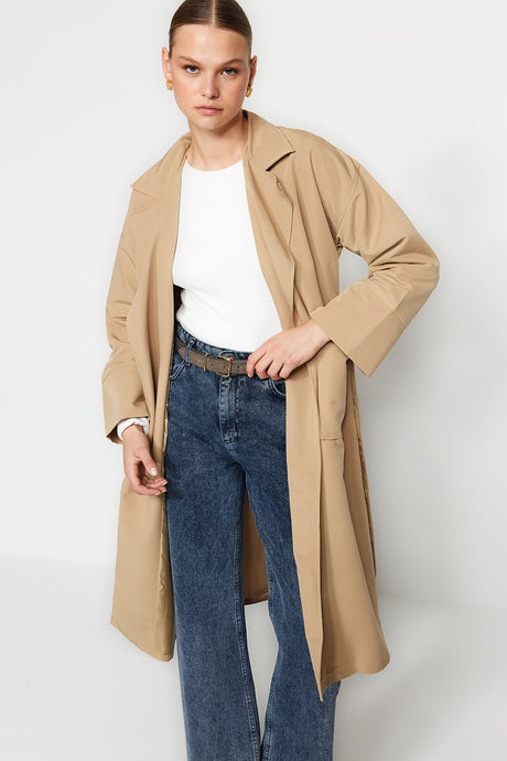 Beige Oversize Wide Cut Belted Sleeve Detailed Pockets Water Repellent Long Trench Coat Twoaw24tr000