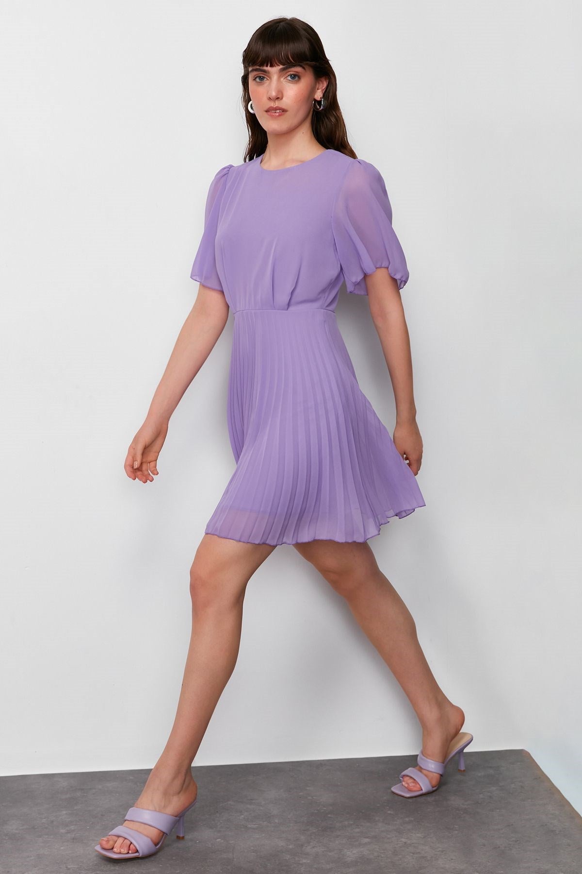 Purple Skirt Pleated Lined Chiffon Mini Woven Dress Twoss24el00716