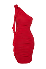 Red Draped Rose And Ruffle Chic Evening Dress Tprss24el00009