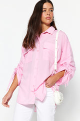 Stone Sleeves Adjustable Ruffle Detailed Woven Cotton Shirt Tctss23tg00011