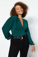 Emerald Green V Neck Sandy Knitted Blouse Tbbaw24af00000