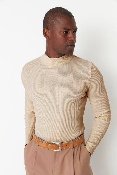 Brown Men's Fitted Slim Fit Half Turtleneck Ribbed Knitwear Sweater Tmnaw21kz0568