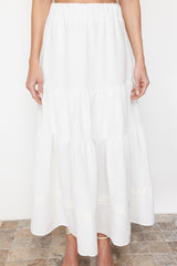 Ecru Hem Lace Detail Linen Look Flared Maxi Woven Skirt Twoss24et00170