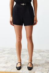 Black Buckle Woven Straight Shorts Twoss24sr00049