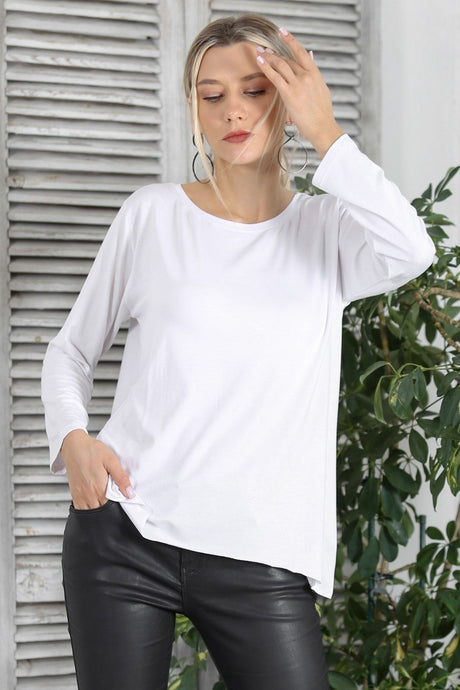 White Round Neck Long Sleeve Wide Cut Knitted Asymmetric Blouse M10010200bl92617