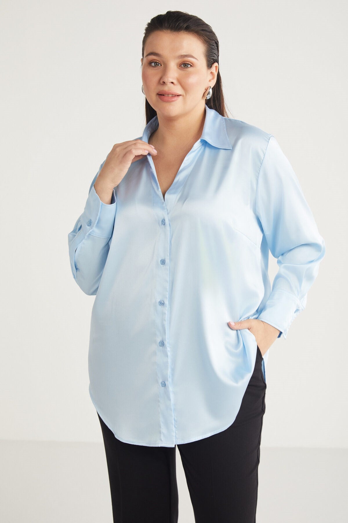 Alainabb Women's Plus Size Lycra Satin Look Cuff Wide Cut Shirt Alainabb01112023