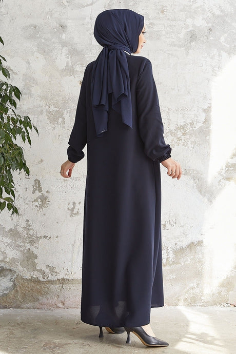 Hidden Patched Abaya With Lace-up Collar - Black Ms00tp00054