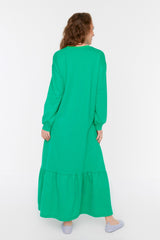 Green Ruffle Detailed Crew Neck Knitted Dress Tctss22el00000