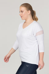 Women's Plus Size White V Neck Workout Long Sleeve Sweatproof Casual And Sports Bodysuit T-shirt 176