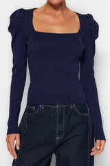 Navy Blue Ruffle Square Collar Knitwear Sweater Twoaw21kz0649