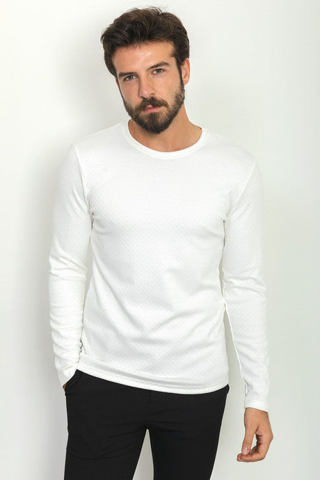 Patterned White Color Slim Fit Crew Neck Long Sleeve Men's T-shirt 36754.22k