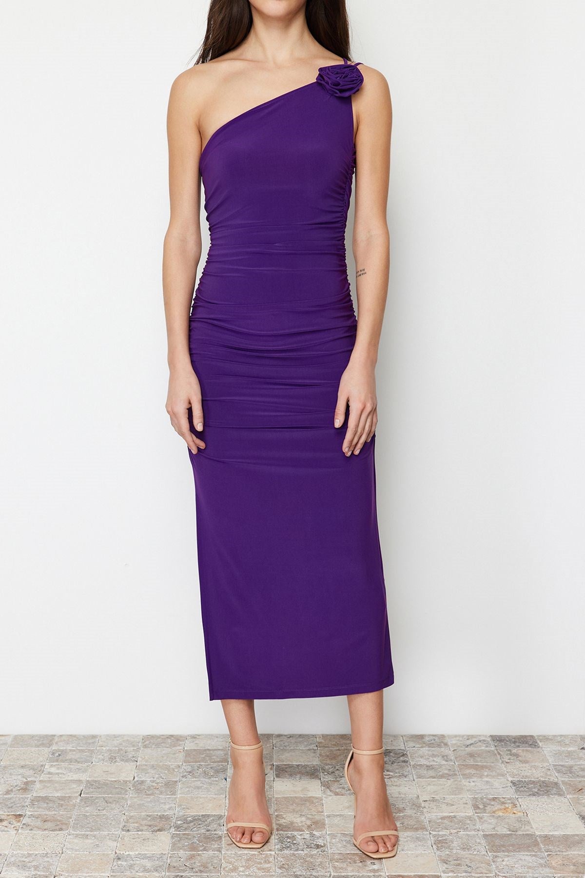 Purple Accessory Rose Detailed Ruffle Bodycone/body Fit Flexible Knitted Midi Pencil Dress Twoss24el