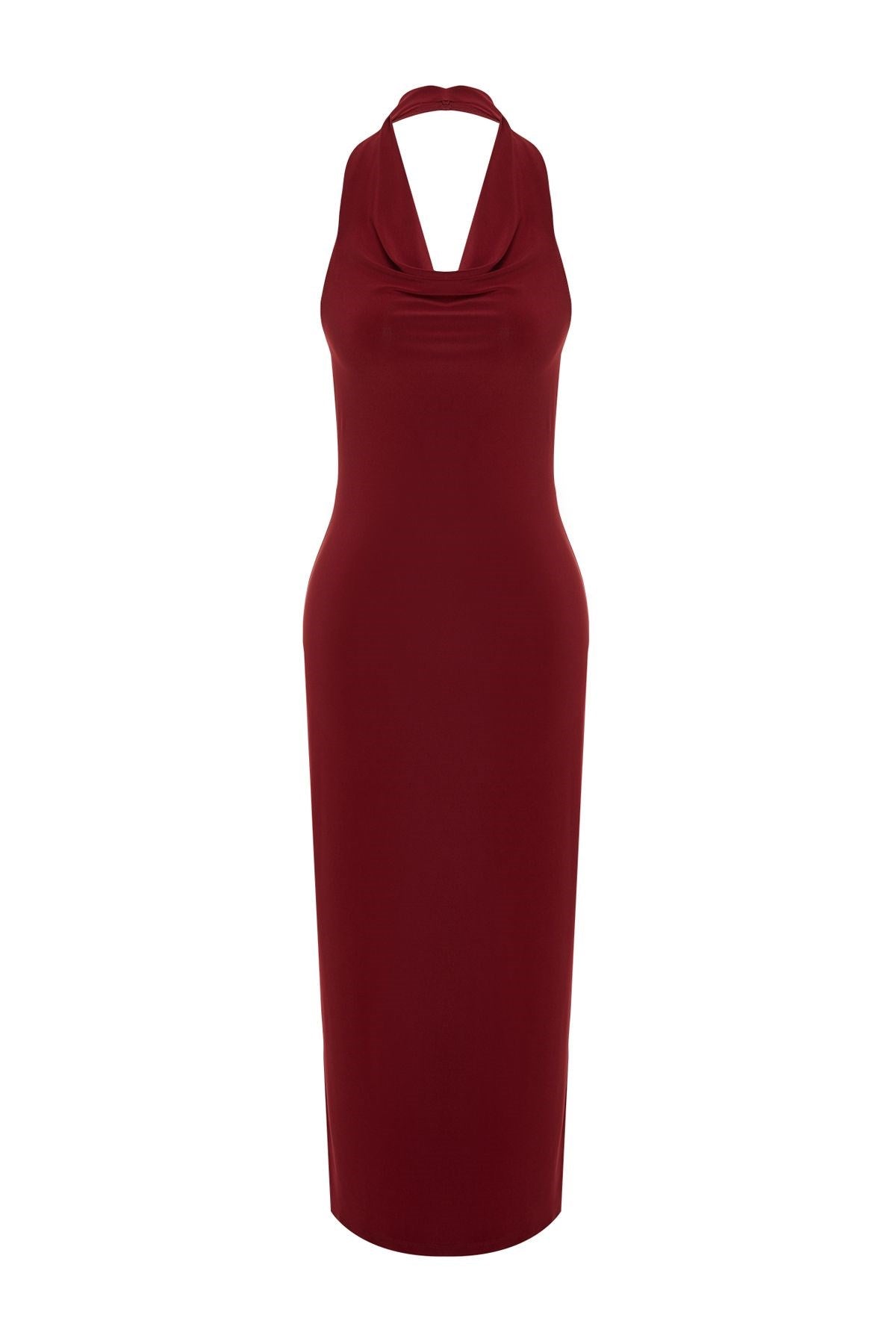 Burgundy Degaje Collar Flexible Knitted Midi Pencil Dress Twoss24el00106