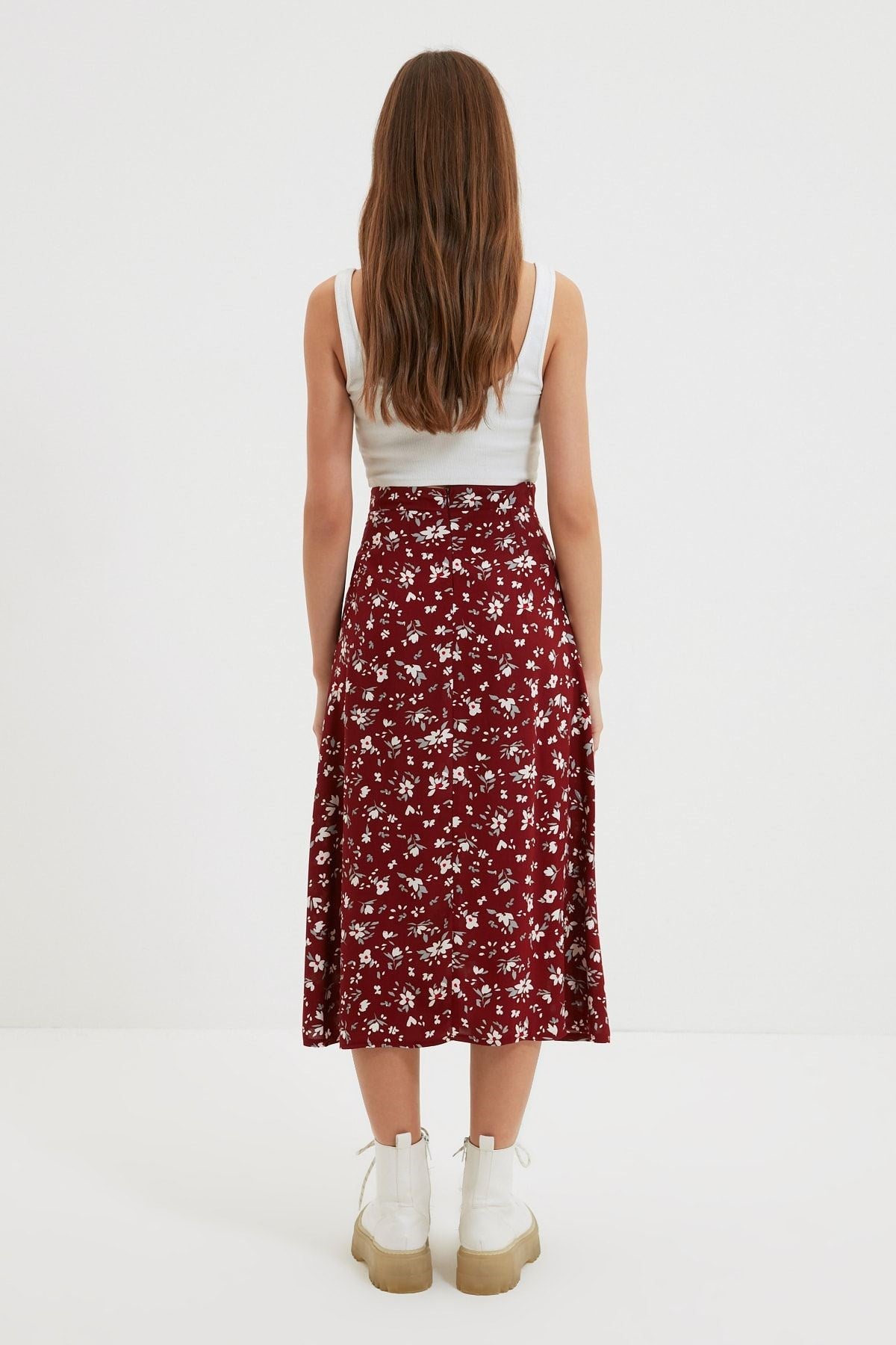 Tile Slit Detailed Floral Pattern Viscose Fabric Midi Woven Skirt Twoss20et0230