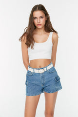 Blue Cargo Pocket Detailed Denim Shorts Twoss22sr00074