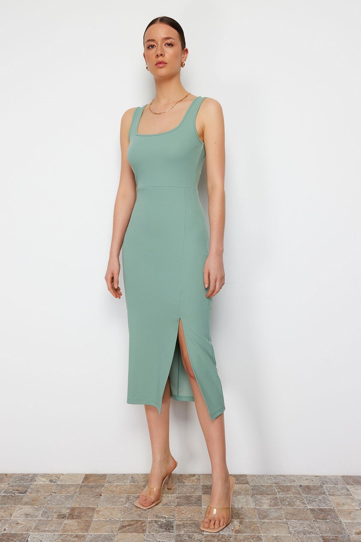 Mint Fitted/body-fitting Slit Square Neckline Flexible Knit Midi Pencil Dress Twoss24el00679