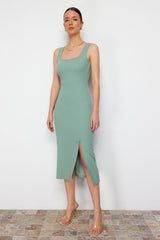 Mint Fitted/body-fitting Slit Square Neckline Flexible Knit Midi Pencil Dress Twoss24el00679