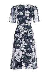 Navy Blue Floral Print A Cut Lined Midi Woven Dress Twoss20el0908