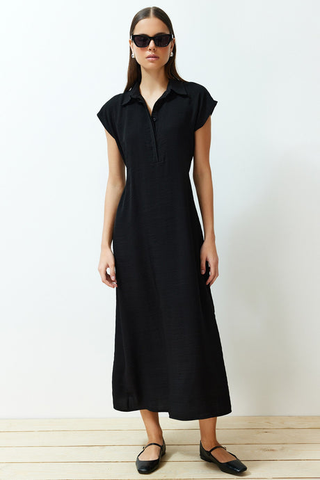 Black A Cut Shirt Collar Aerobin Maxi Woven Dress Twoss24el00621