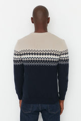 Navy Blue Men's Slim Fit Crew Neck Panel Jacquard Knitwear Sweater Tmnaw21kz0738