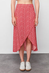 Red Slit Floral Print Midi Woven Skirt Twoss24et00160