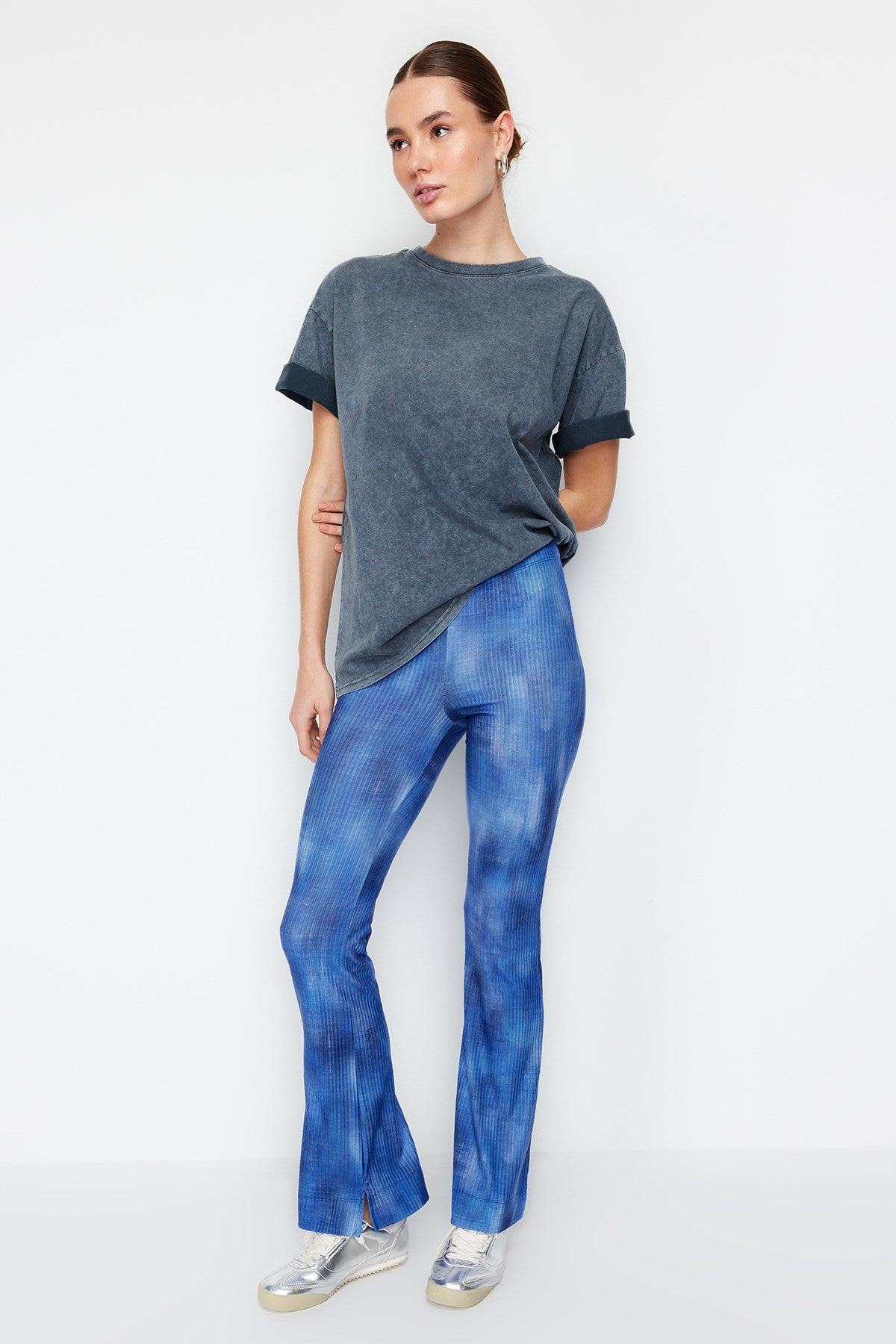 Blue Abstract Patterned Flare/spanish Leg Stretch Pants Twoss24pl00093