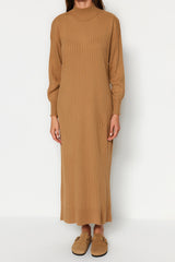 Camel Stand-up Collar Knitwear Dress Tctaw24eb00015