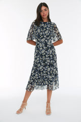 Navy Blue Floral Print A Cut Lined Midi Woven Dress Twoss20el0908