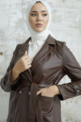 Ayora Double Breasted Collar Leather Trench - Taba Ms00or9834