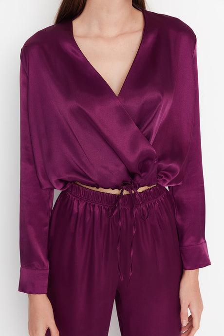 Purple Double Breasted Collar Waist Detailed Satin Woven Sleepwear Set Thmaw23pt00034