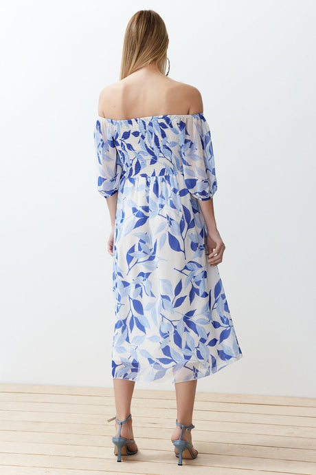 Blue Floral Skater Chiffon Maxi Woven Dress Twoss24el00840