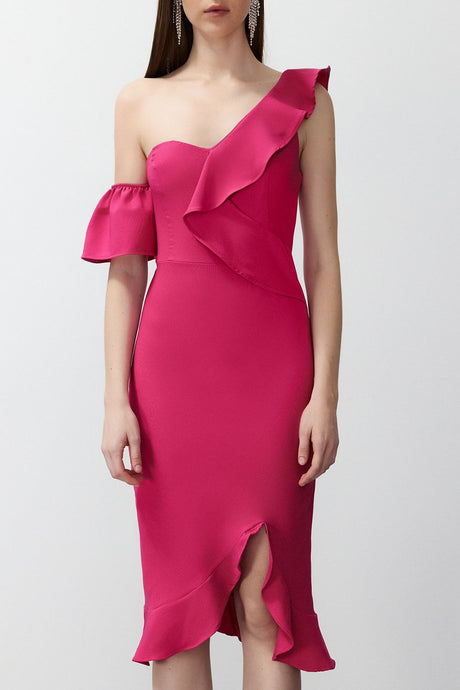 Fuchsia Ruffle Woven Elegant Evening Dress Tprss24el00153