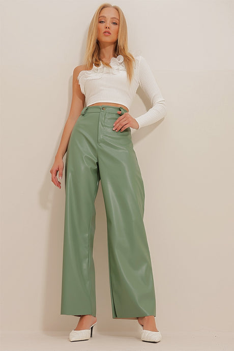 Women's Green Double Pocket Palazzo Leather Pants Alc-x10964